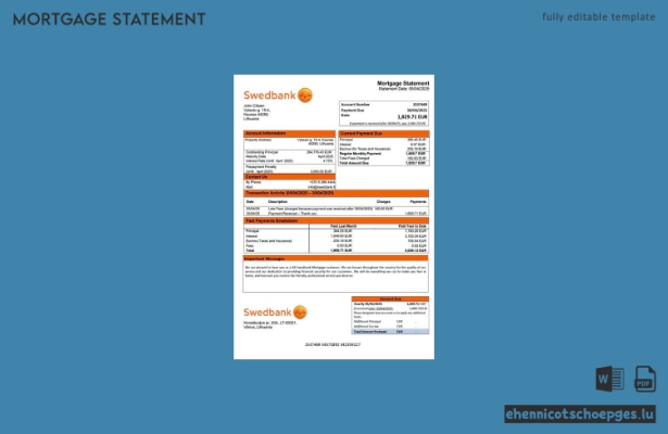 Lithuania AB Swedbank Hypothekenabrechnung Word- und PDF-Beispielvorschau